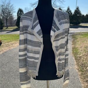 White House Black Market Gray & White Striped Open-Front Cardigan